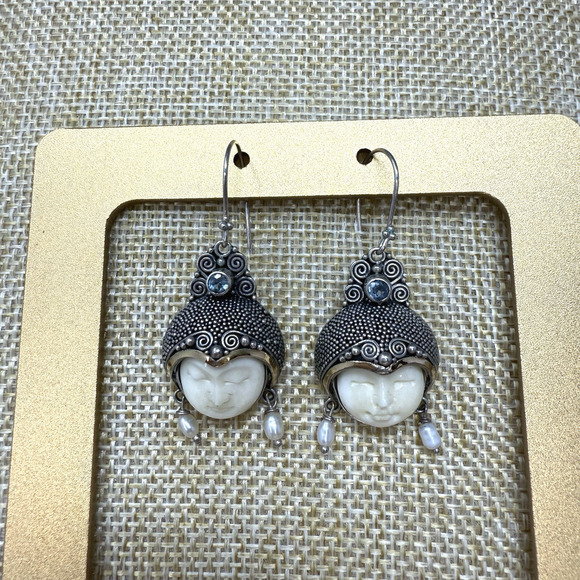 Unique NF Goddess 14K Gold Accent and Sterling Silver Carved Face Earrings - Picture 1 of 7